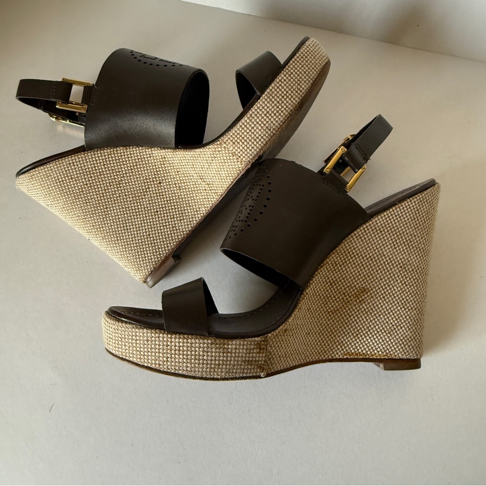 Tory Burch Kimberly Brown Leather Platform Wedge Buckle Strappy Sandals Size 7.5 - Picture 12 of 14